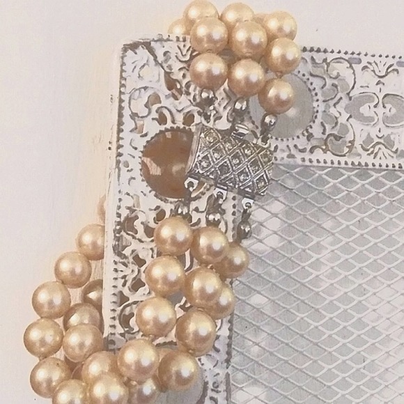 VINTAGE Triple Strand Glass PEARL BRACELET 800 Pure Silver w Crystals Diamonds - Picture 2 of 7